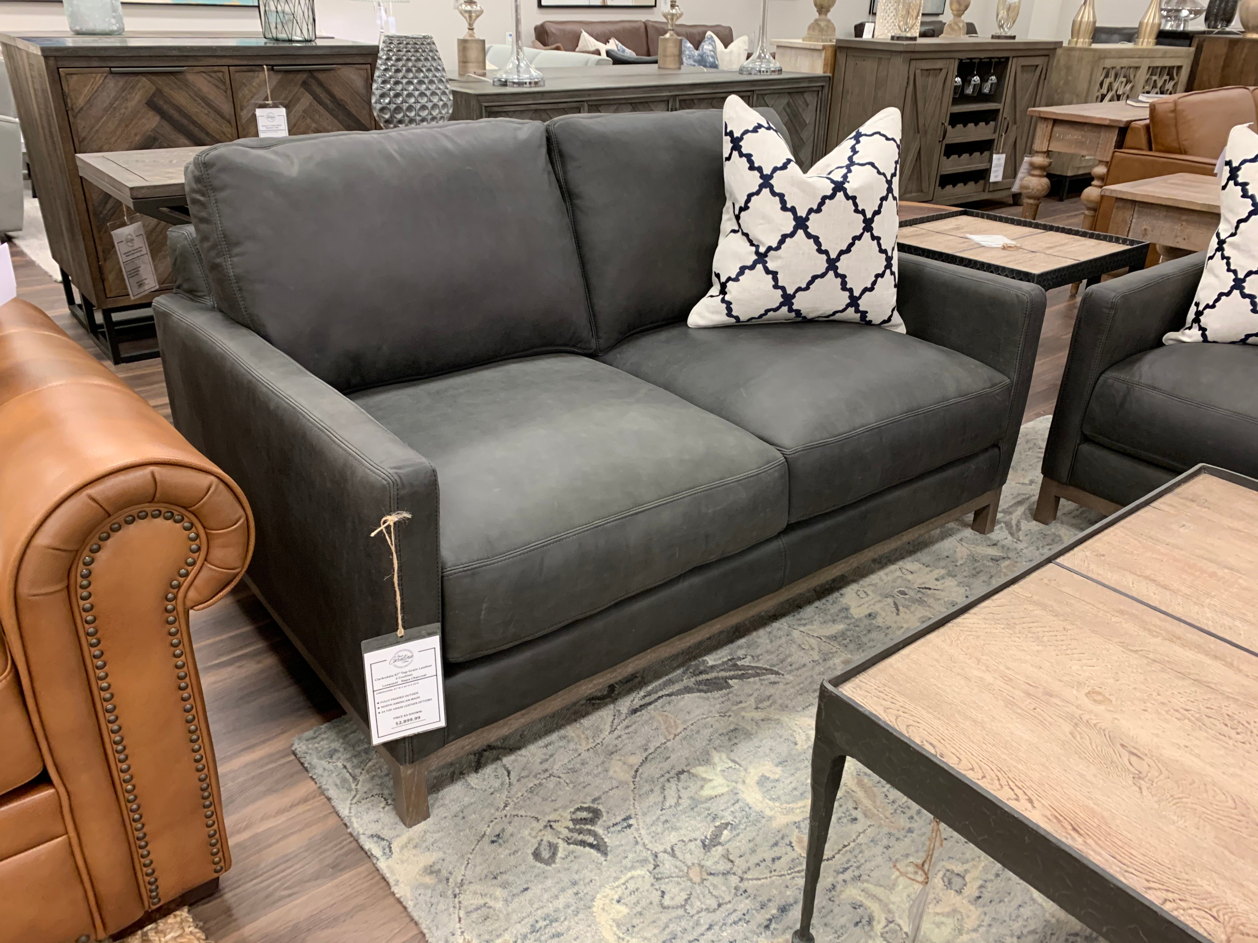 Clarksdale 67" Top Grain Leather 2 Cushion Loveseat - Napa Charcoal - Classic Carolina Home