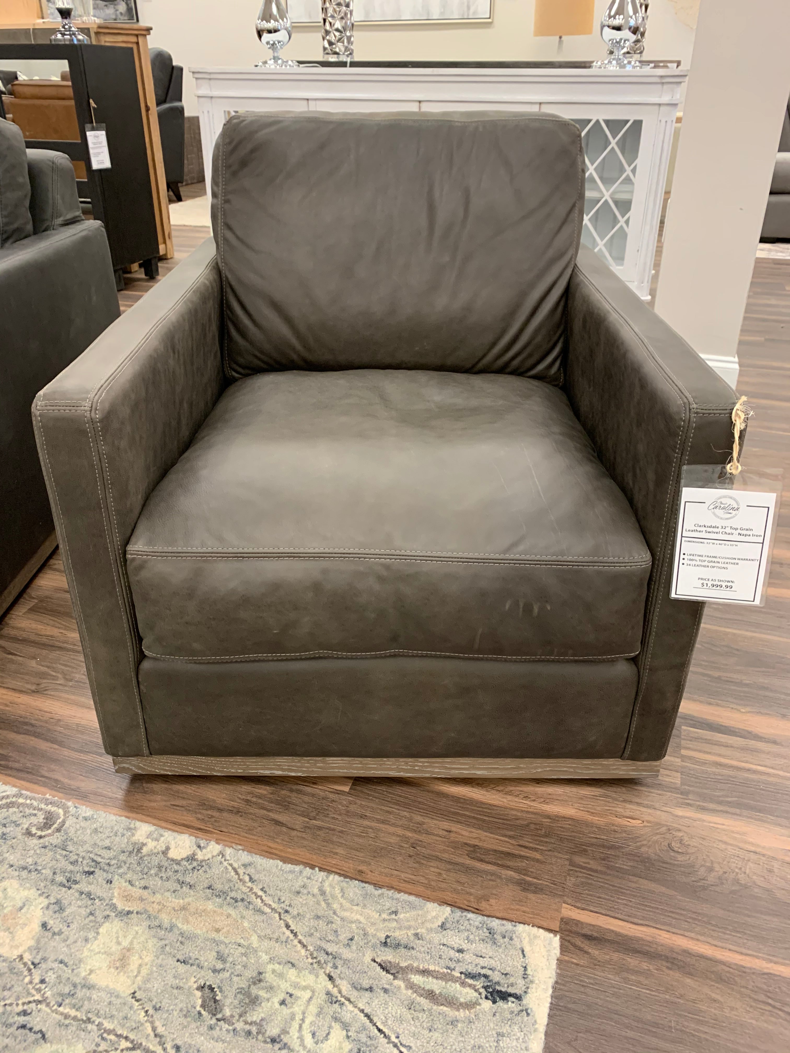 Clarksdale 32" Top Grain Leather Swivel Chair - Napa Iron