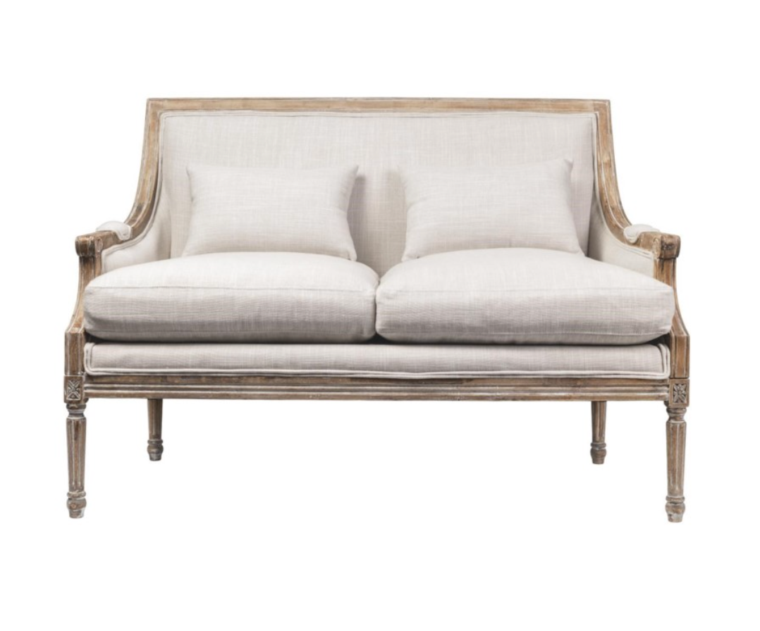Caitlin 54" Settee - Natural Linen + Driftwood - Classic Carolina Home
