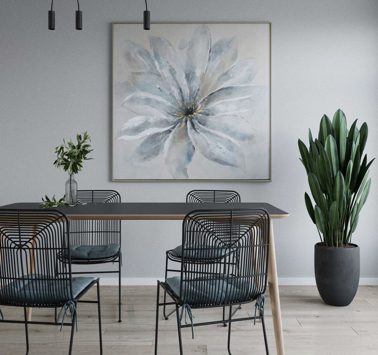 Silver Bloom 50" Hand Painted Framed Canvas Art