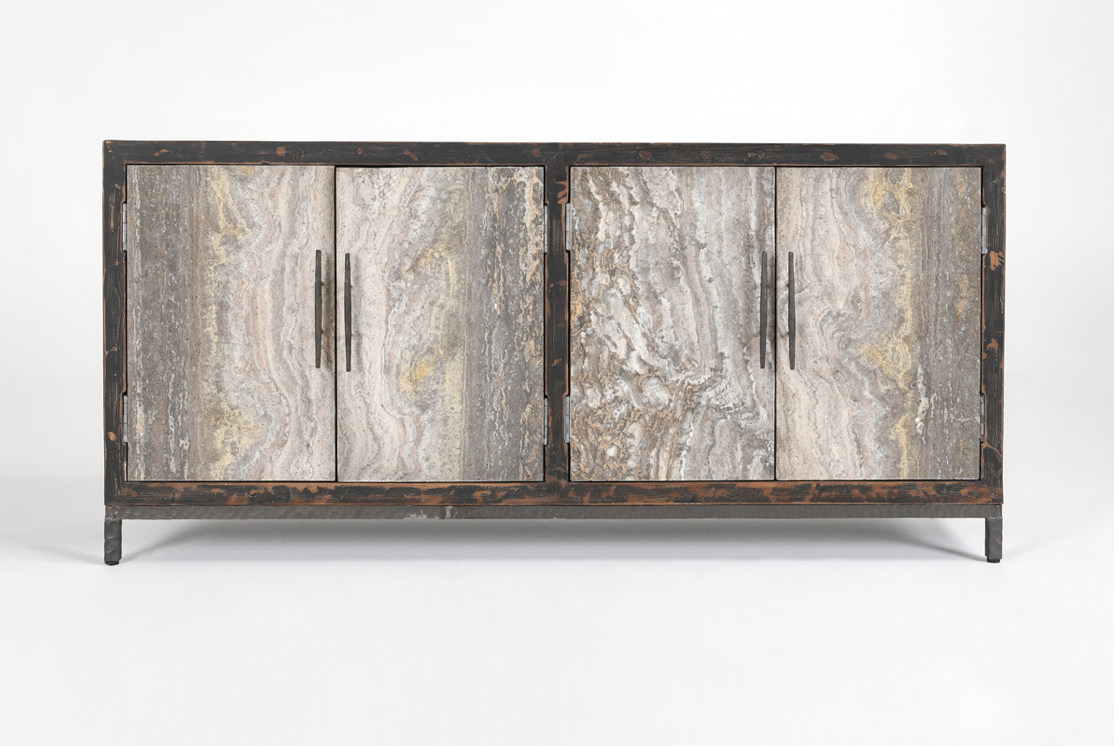 Drake 76" Reclaimed Pine + Travertine 4 Door Sideboard
