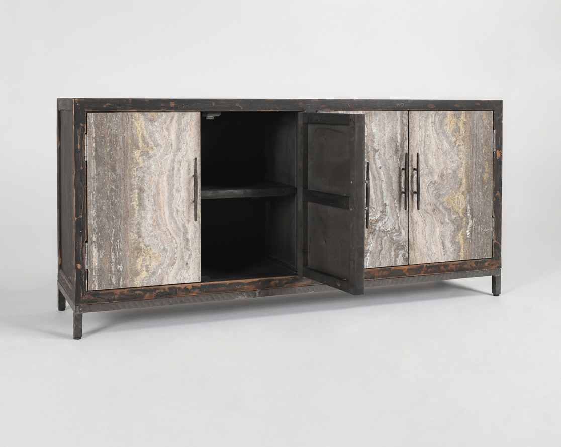 Drake 76" Reclaimed Pine + Travertine 4 Door Sideboard