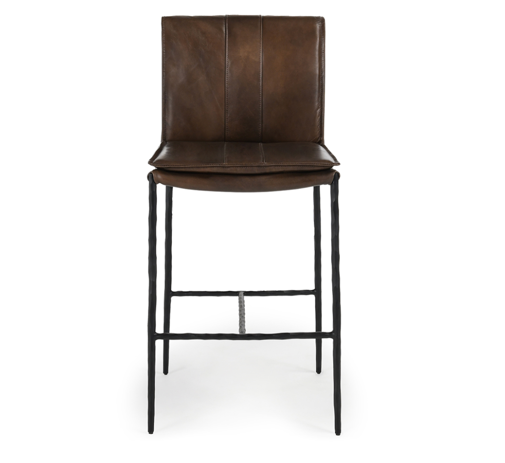Wesley Top Grain Leather Counter Stool - Chocolate + Iron