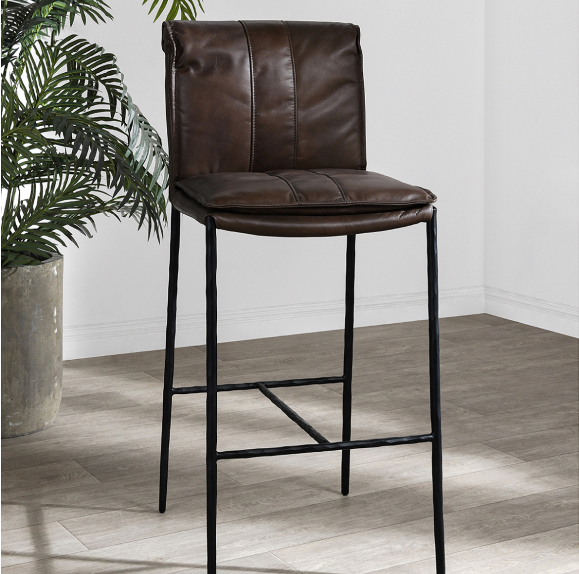 Wesley Top Grain Leather Counter Stool - Chocolate + Iron