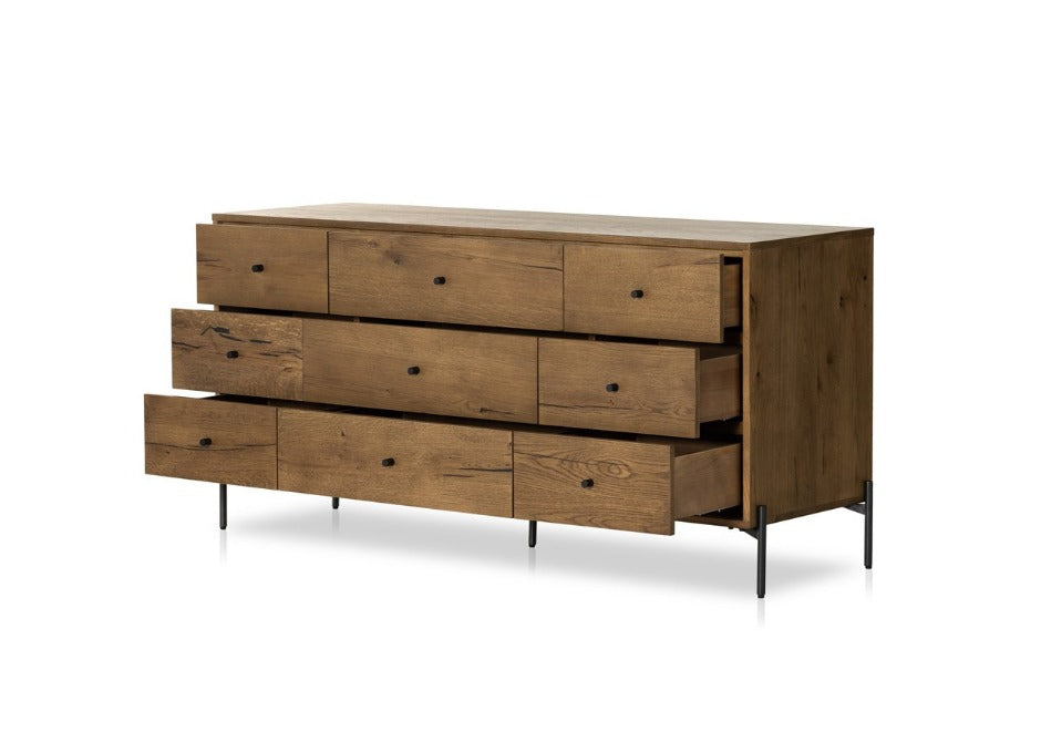 Easton 65" 9 Drawer Dresser - Amber Oak + Dark Gunmetal