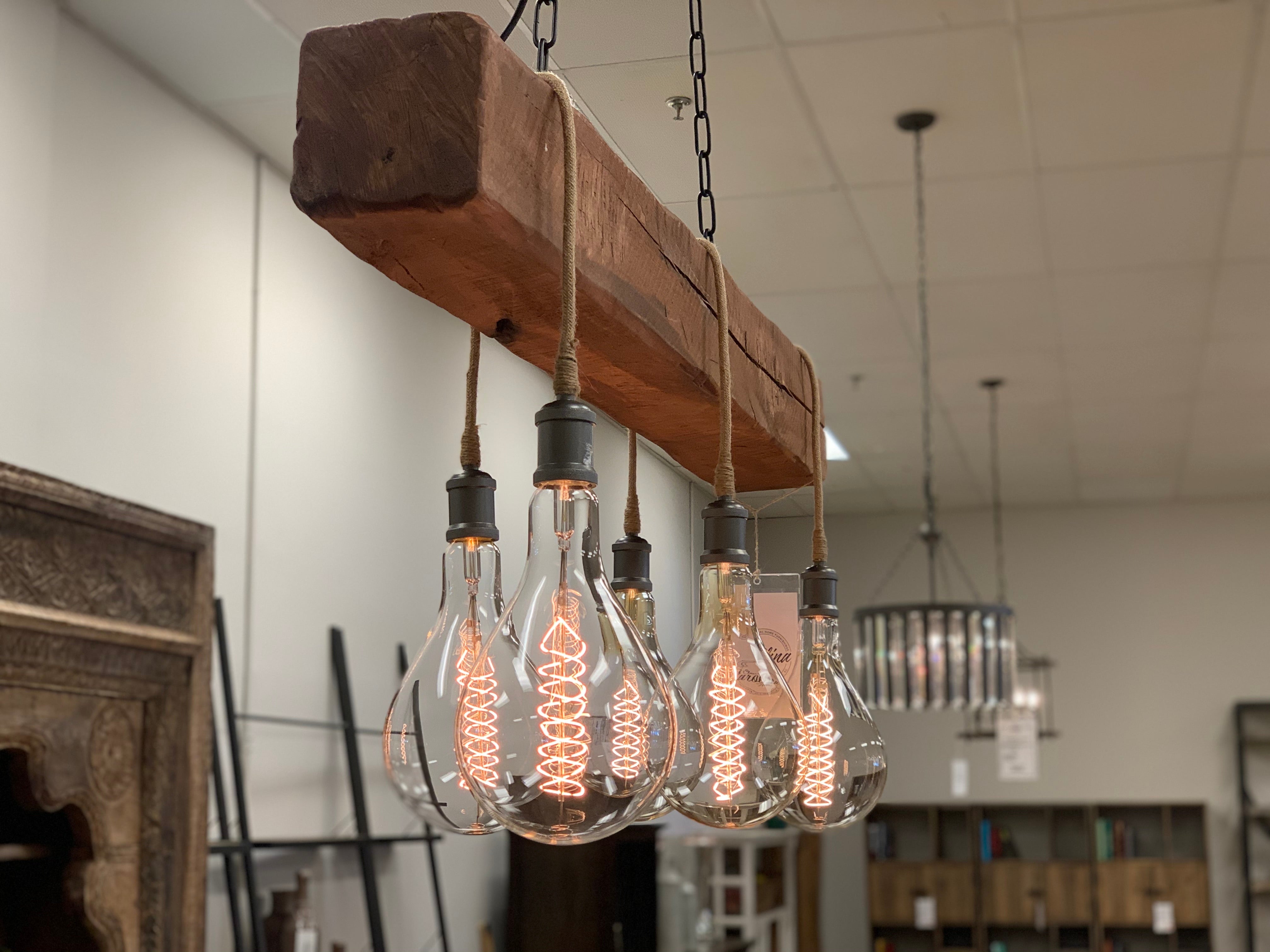 Cumberland Gap 48" Hand Hewn Beam w/ 5 Bulb Chandelier - Brown w/Tan Cord - Classic Carolina Home