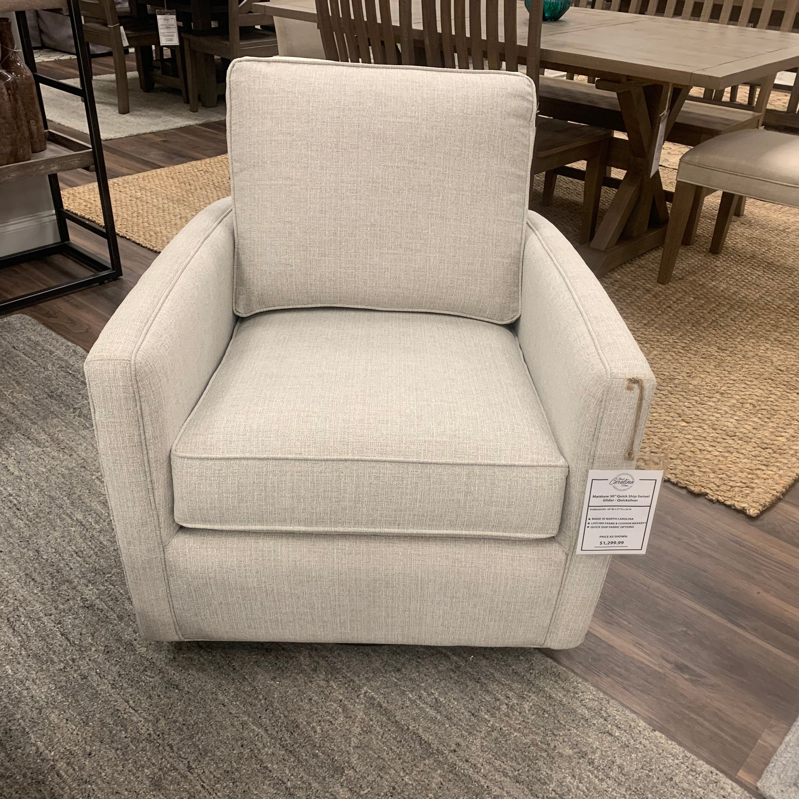 Matthew Quick Ship 30" Swivel Glider - Crypton Quicksilver - Classic Carolina Home