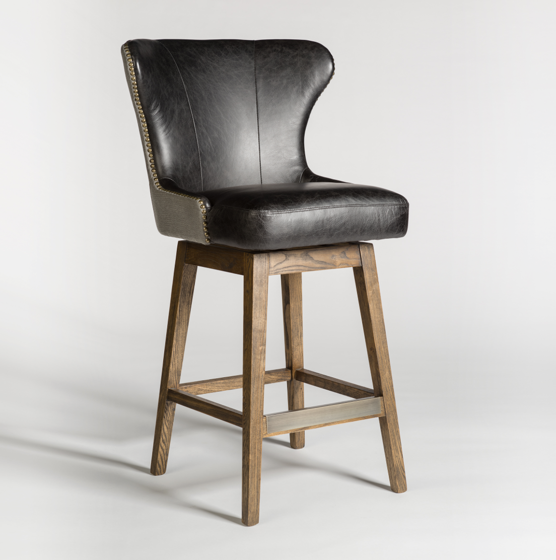Rockne Swivel Barstool - Essex Gray & Antique Charcoal Leather - Classic Carolina Home