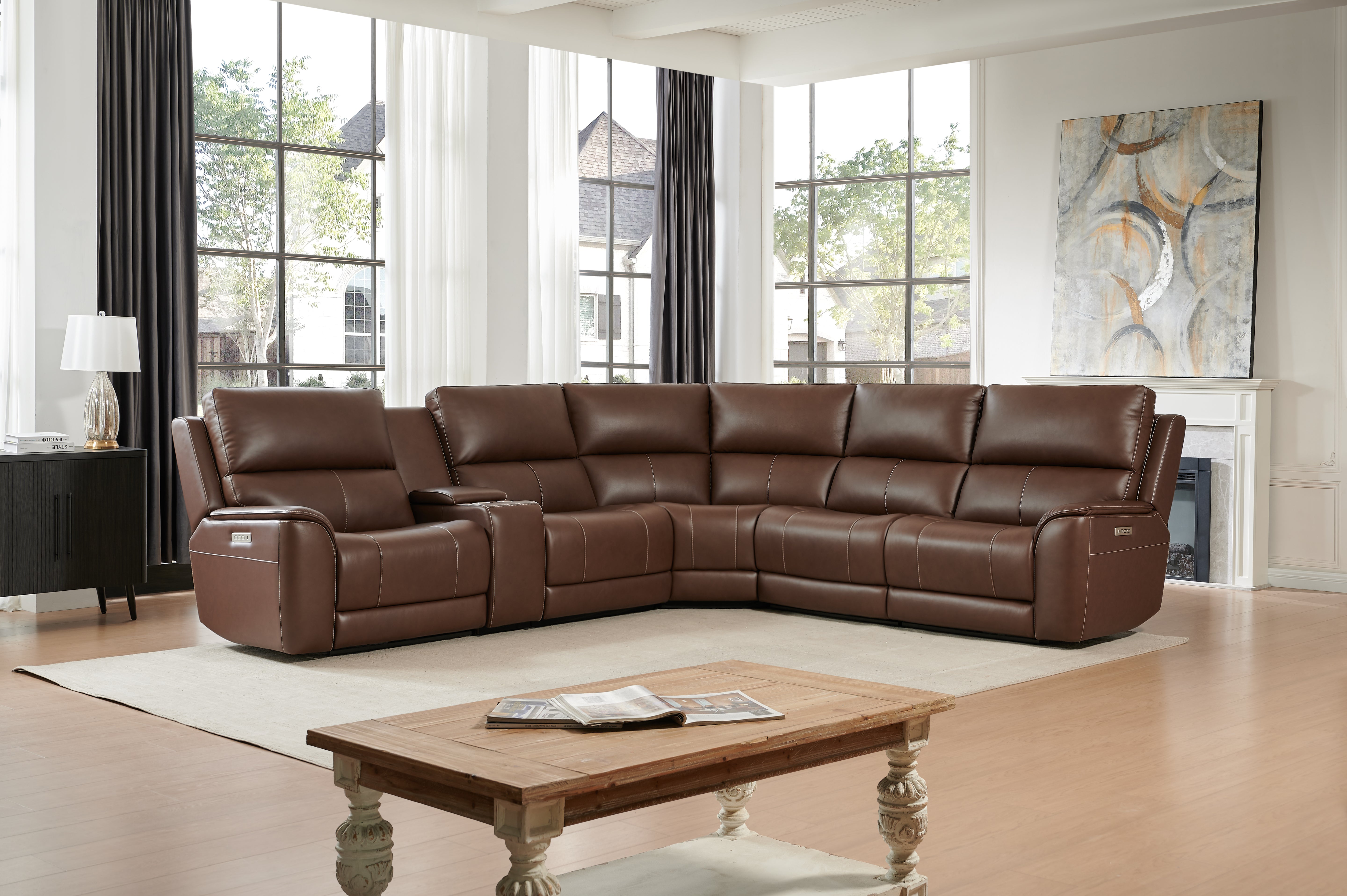 Horace 110” x 108” Top Grain Leather Power Motion Reclining 5 Seat Sectional -  Brompton Brown