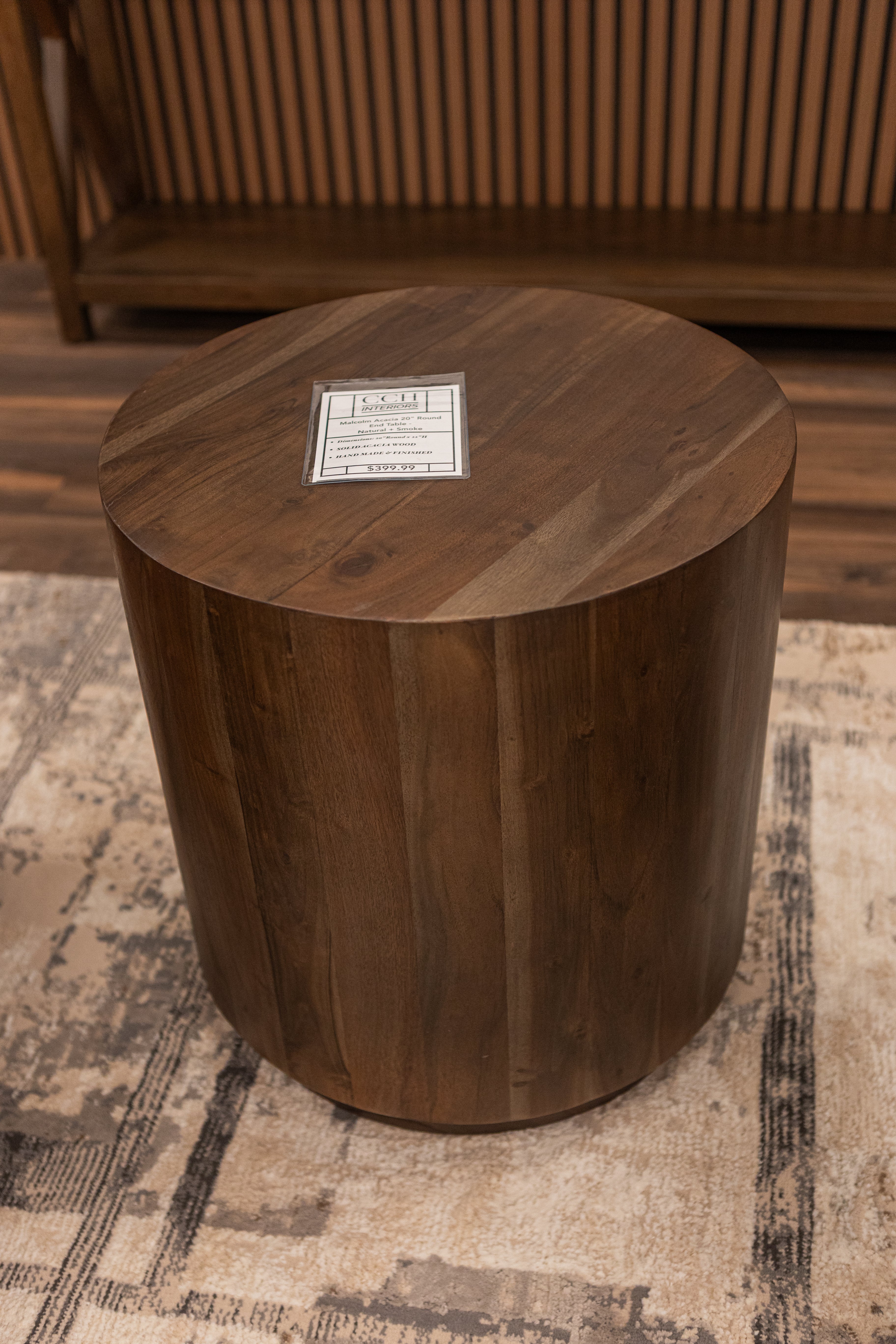 Malcolm Acacia 20" Round End Table - Natural + Smoke