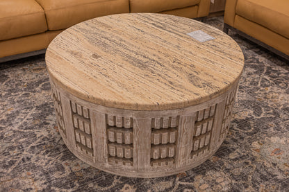 Denali 40" Round Coffee Table - Travertine + Reclaimed Pine