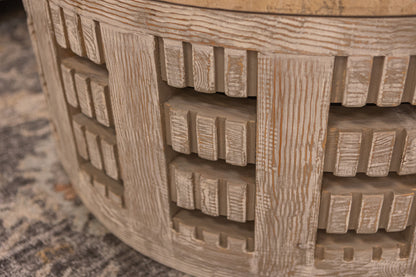 Denali 40" Round Coffee Table - Travertine + Reclaimed Pine