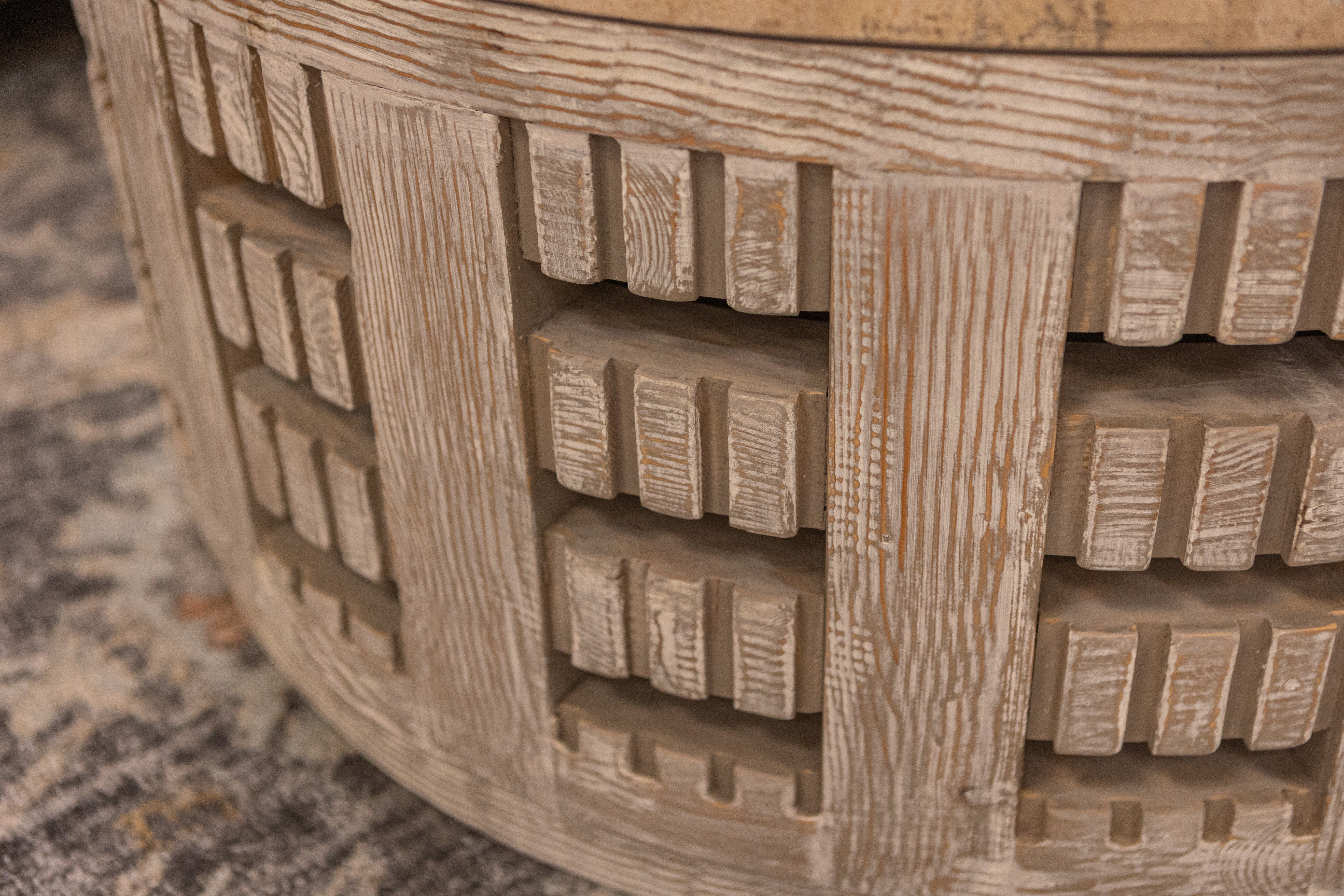 Denali 40" Round Coffee Table - Travertine + Reclaimed Pine