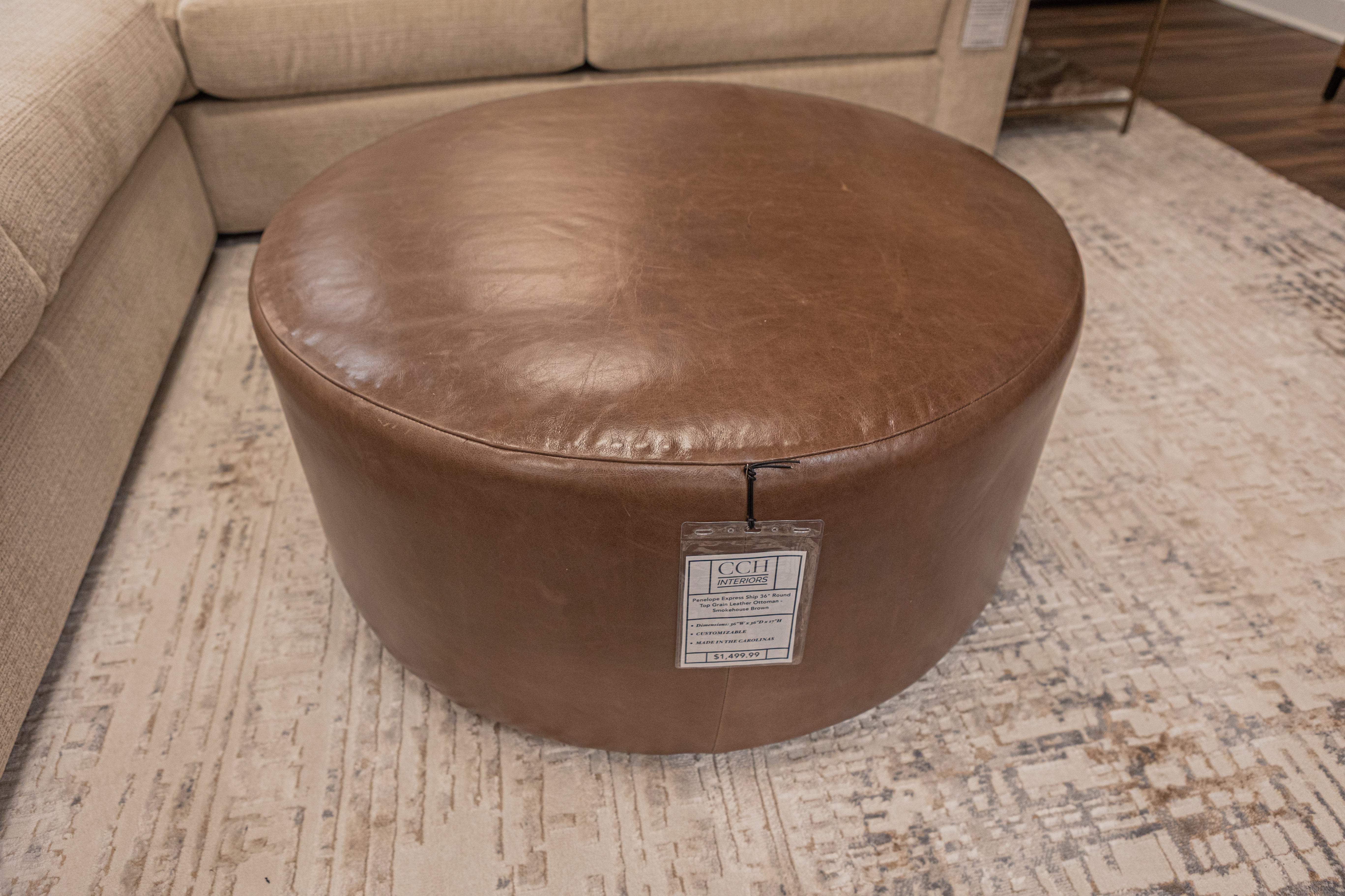 Penelope Express Ship 36" Round Top Grain Leather Ottoman - Smokehouse Brown