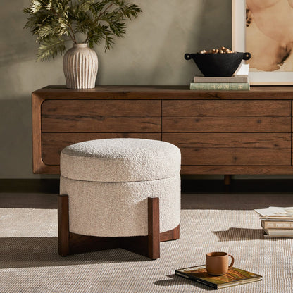 Percival 25" Round Storage Ottoman - Brown Oak + Fog