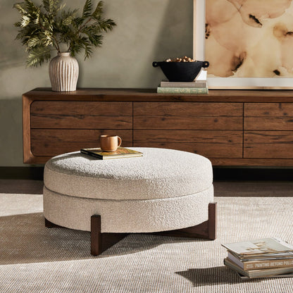 Percival 39" Round Storage Ottoman - Brown Oak + Fog