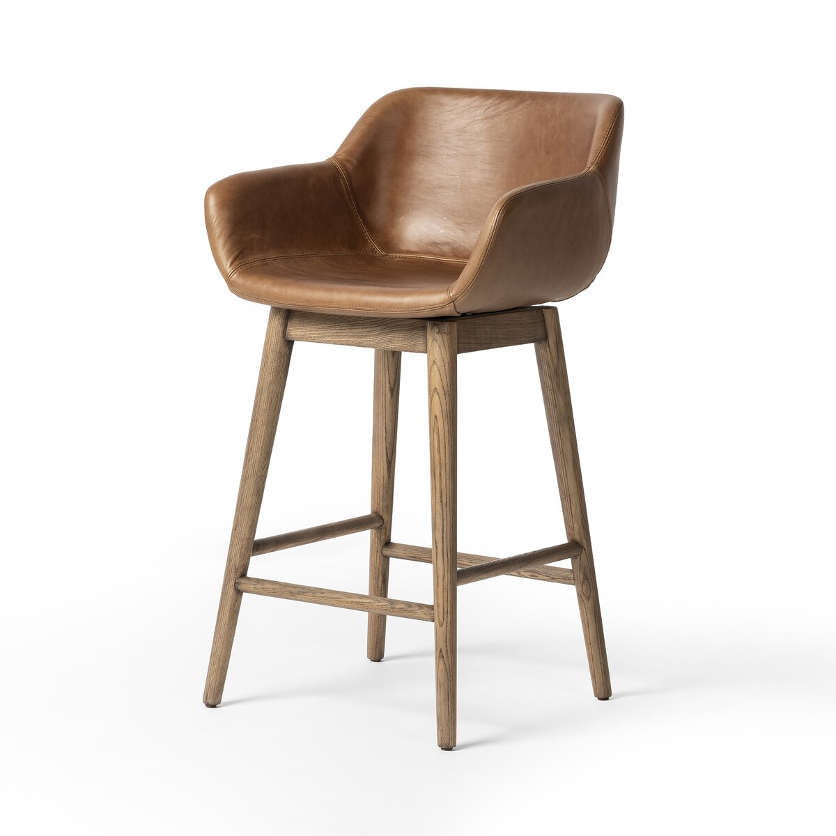 Maya Top Grain Leather Swivel Counter Stool - Chestnut + Oak