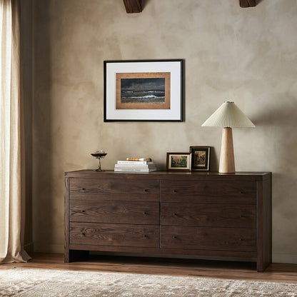 Zohran 75" 6 Drawer Dresser - Iron + Umber Oak