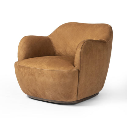 Aurelia 35" Top Grain Leather Swivel Chair - Parawood + Nubuck Cognac