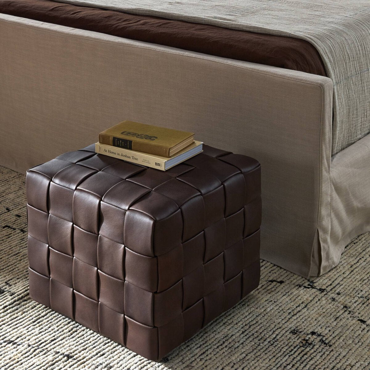 Flores 20" Top Grain Leather Square Ottoman - Lorento Cigar