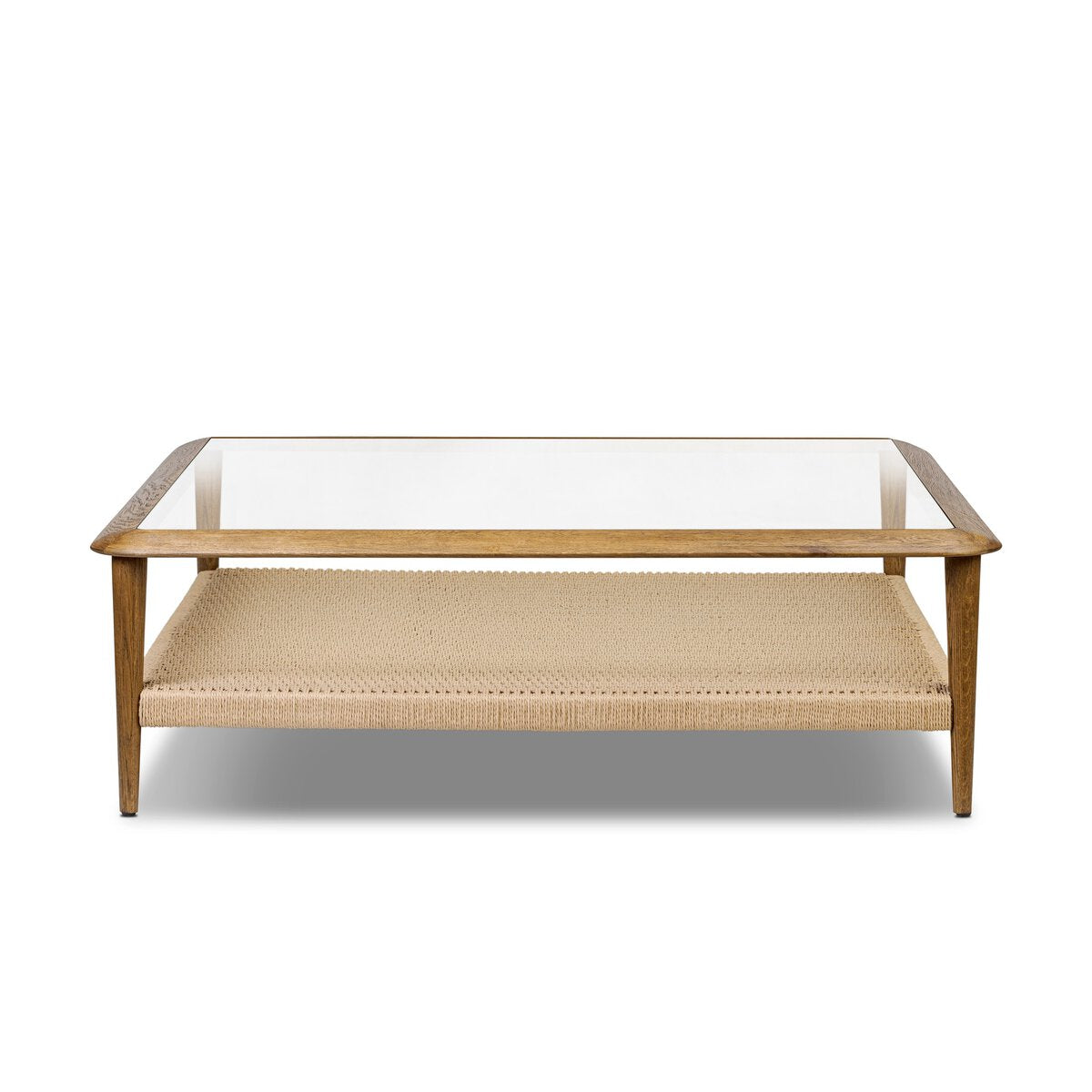 Carmela 50" Square Glass Coffee Table - Tempered Glass + Medium Brown Oak