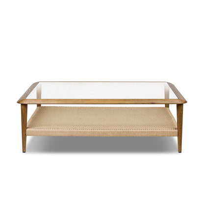 Carmela 50" Square Glass Coffee Table - Tempered Glass + Medium Brown Oak