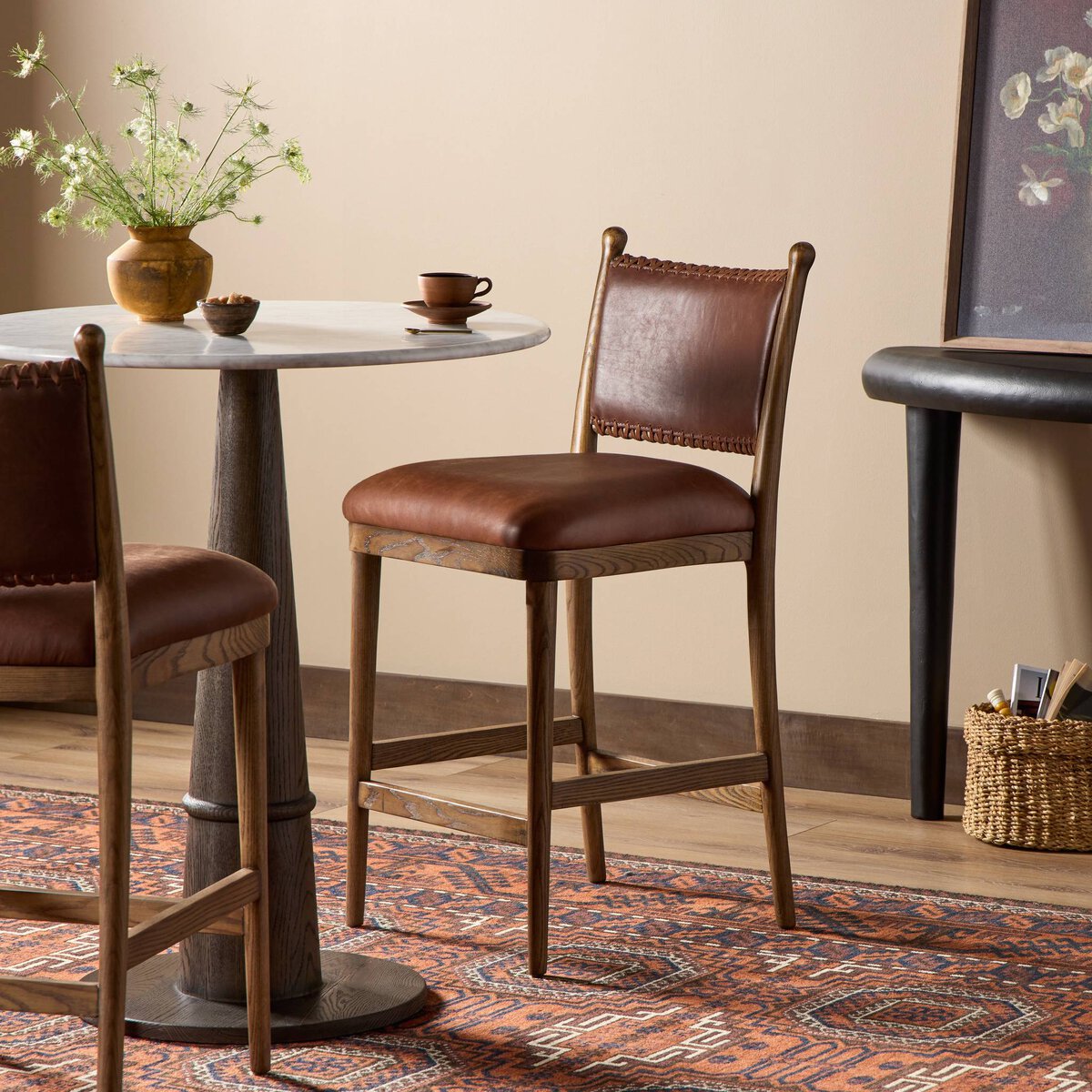 Scottie Top Grain Leather Counter Stool - Dulane Mahogany + Ash