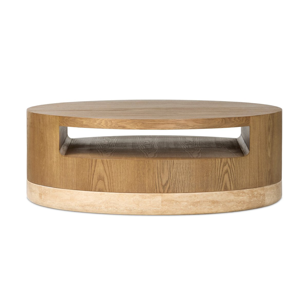 Sanzibel 42" Round Coffee Table - Amber Ash + Golden Travertine