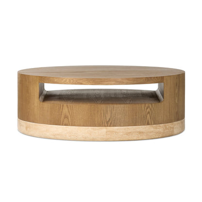 Sanzibel 42" Round Coffee Table - Amber Ash + Golden Travertine