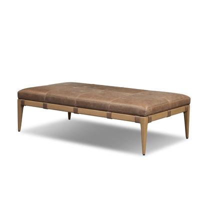 Maxwell 55" Top Grain Leather Square Ottoman - Cigar + Oak