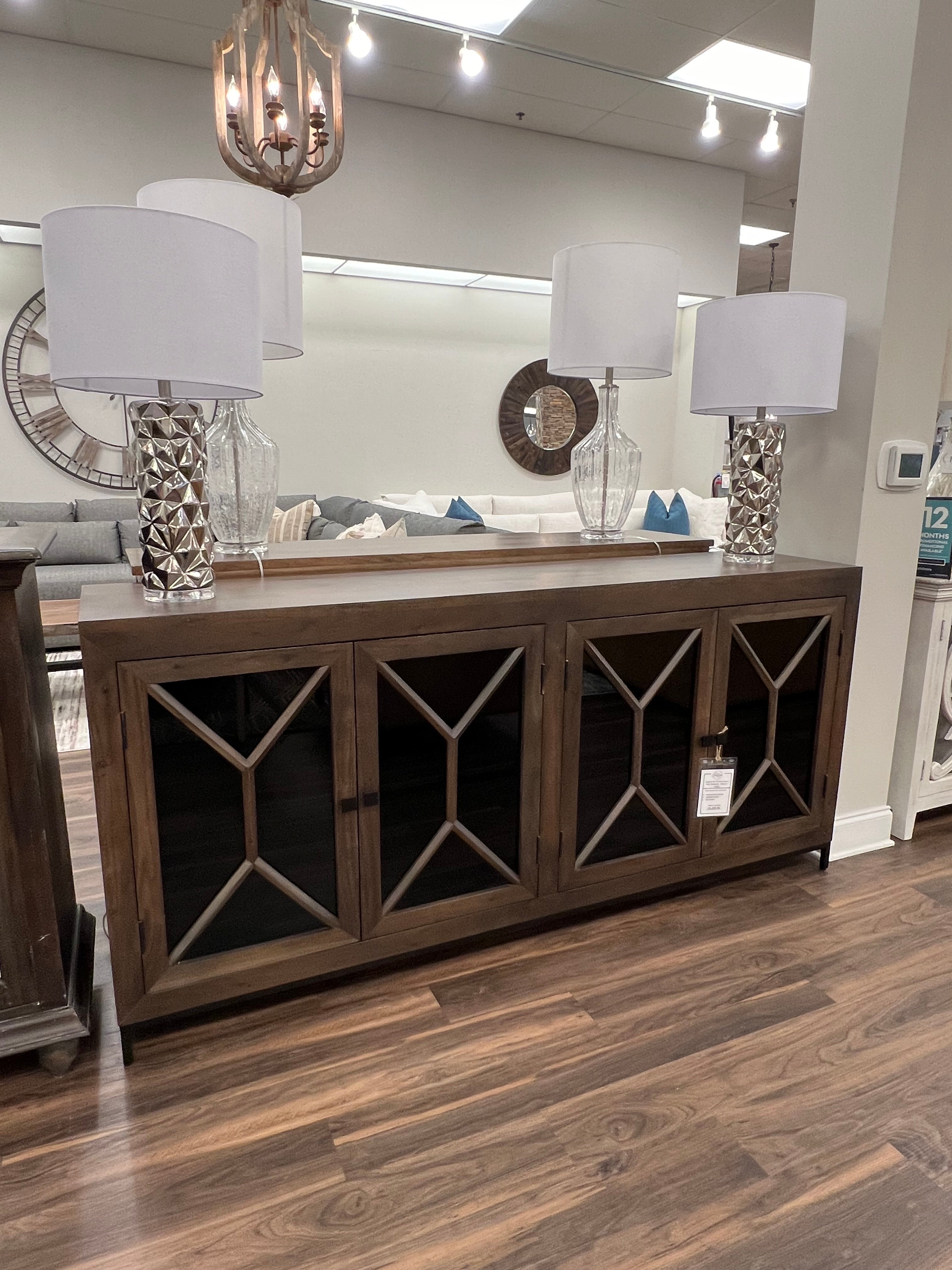 Candace 82" Smoked Glass 4 Door Sideboard - Natural + Smoke