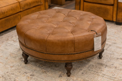 Elliott 42" Round Top Grain Leather Tufted Cocktail Ottoman - Desert Sand