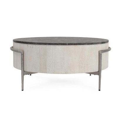 Nicholas 42" Solid Wood Round Coffee Table - White Wash + Gray Stone