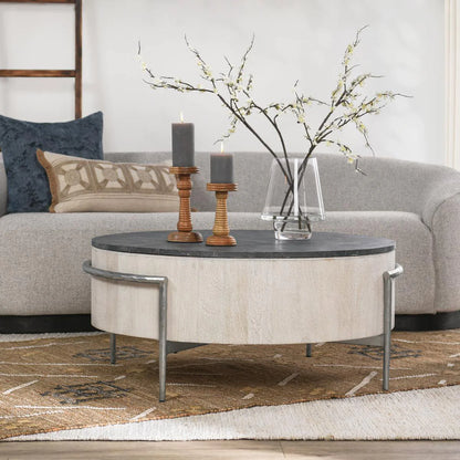 Nicholas 42" Solid Wood Round Coffee Table - White Wash + Gray Stone