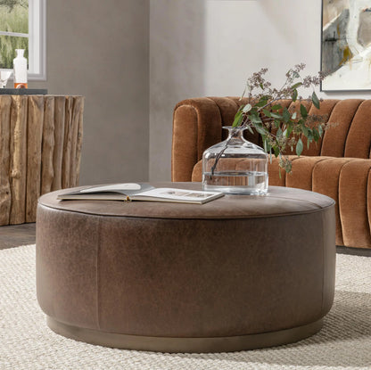 Jude 40" Top Grain Leather Round Coffee Table - Cocoa Brown