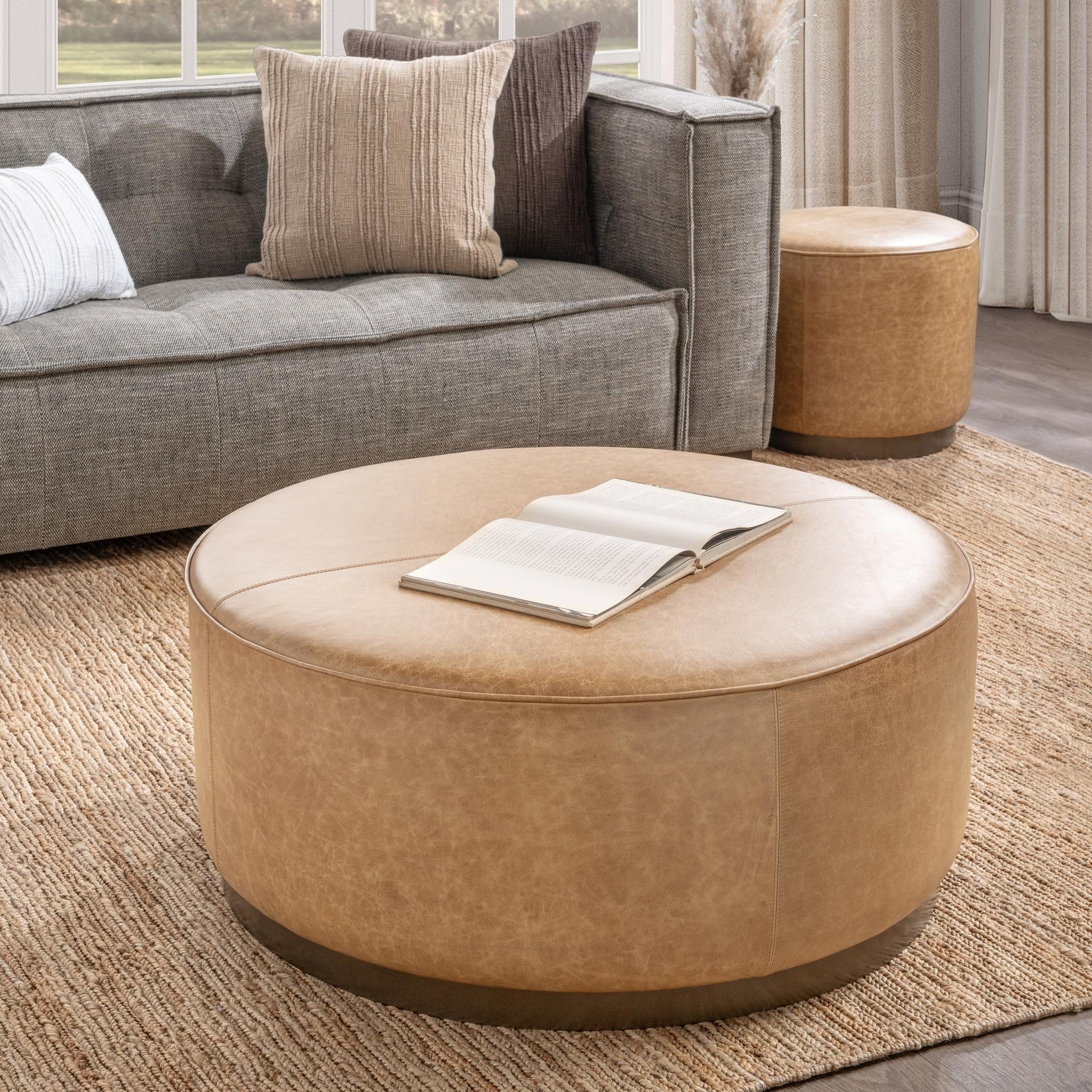 Clark 40" Round Top Grain Leather Ottoman - Chestnut