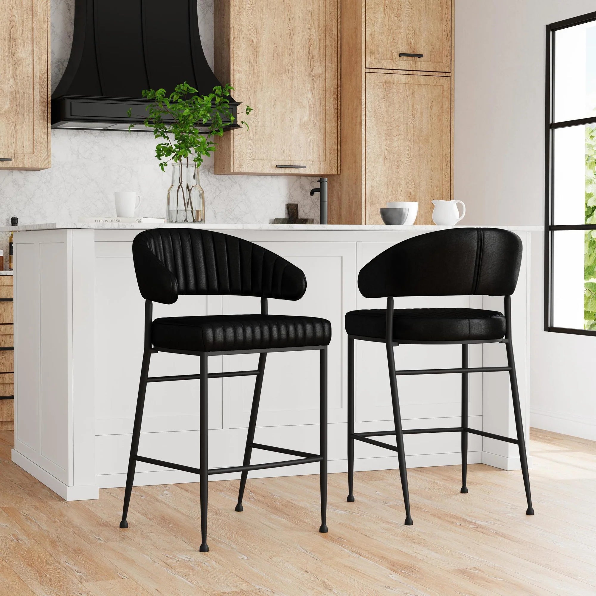 Sansa Top Grain Leather Bar Stool - Jet Black