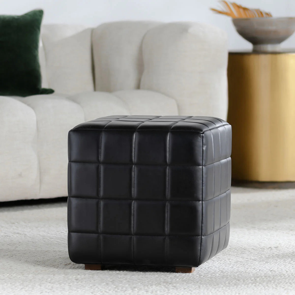 Osbert 18" Top Grain Leather Square Ottoman - Midnight Raven