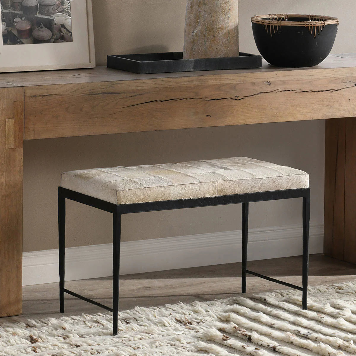 Kenna 28" Hair on Hide Leather Bench - Dusty Cream