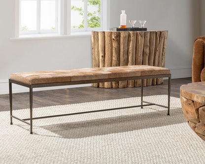 Kenna 60" Hair on Hide Leather Bench - Canyon Sand + Iron