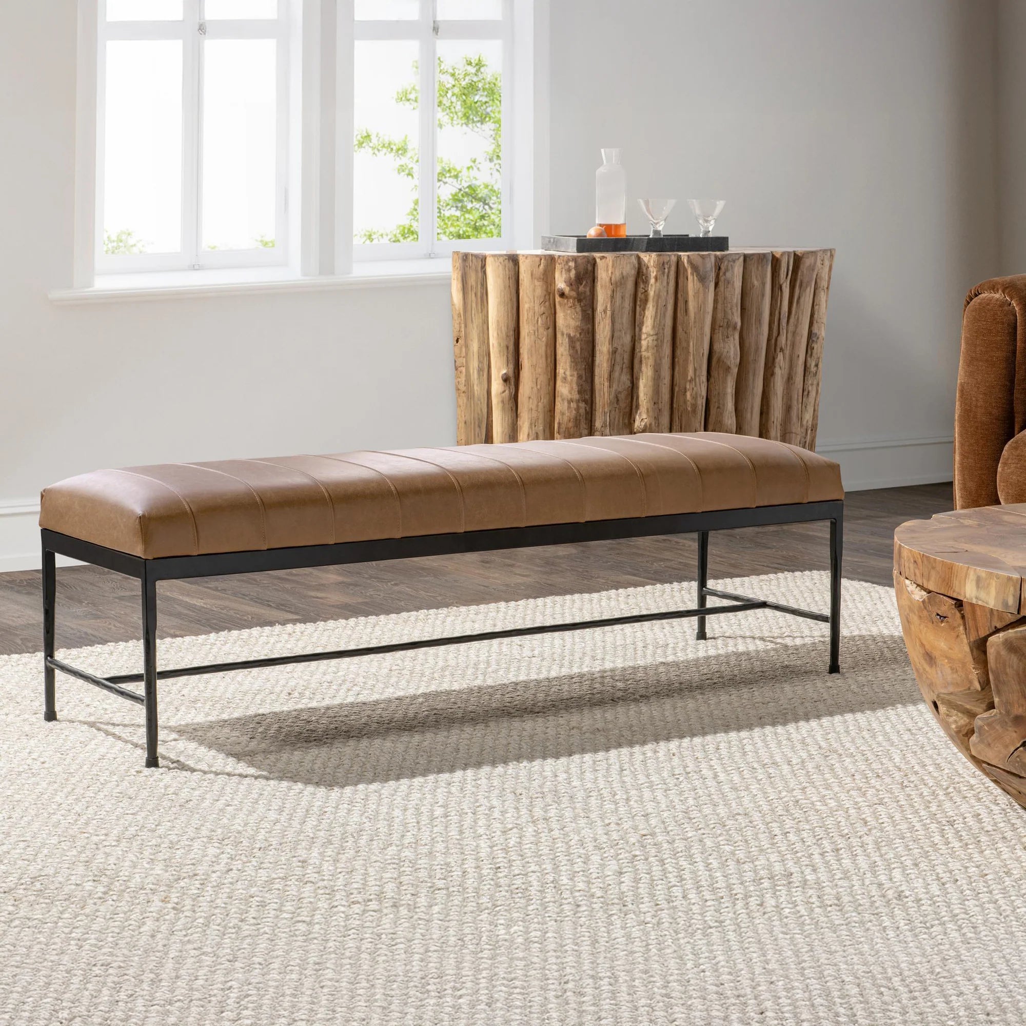 Madelyn 60" Top Grain Leather Bench - Walnut + Iron