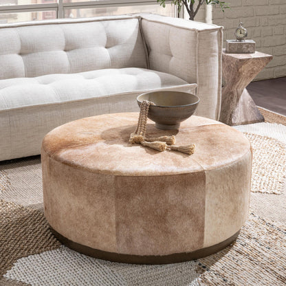 Anders 40" Round Cowhide Ottoman - Canyon Dust