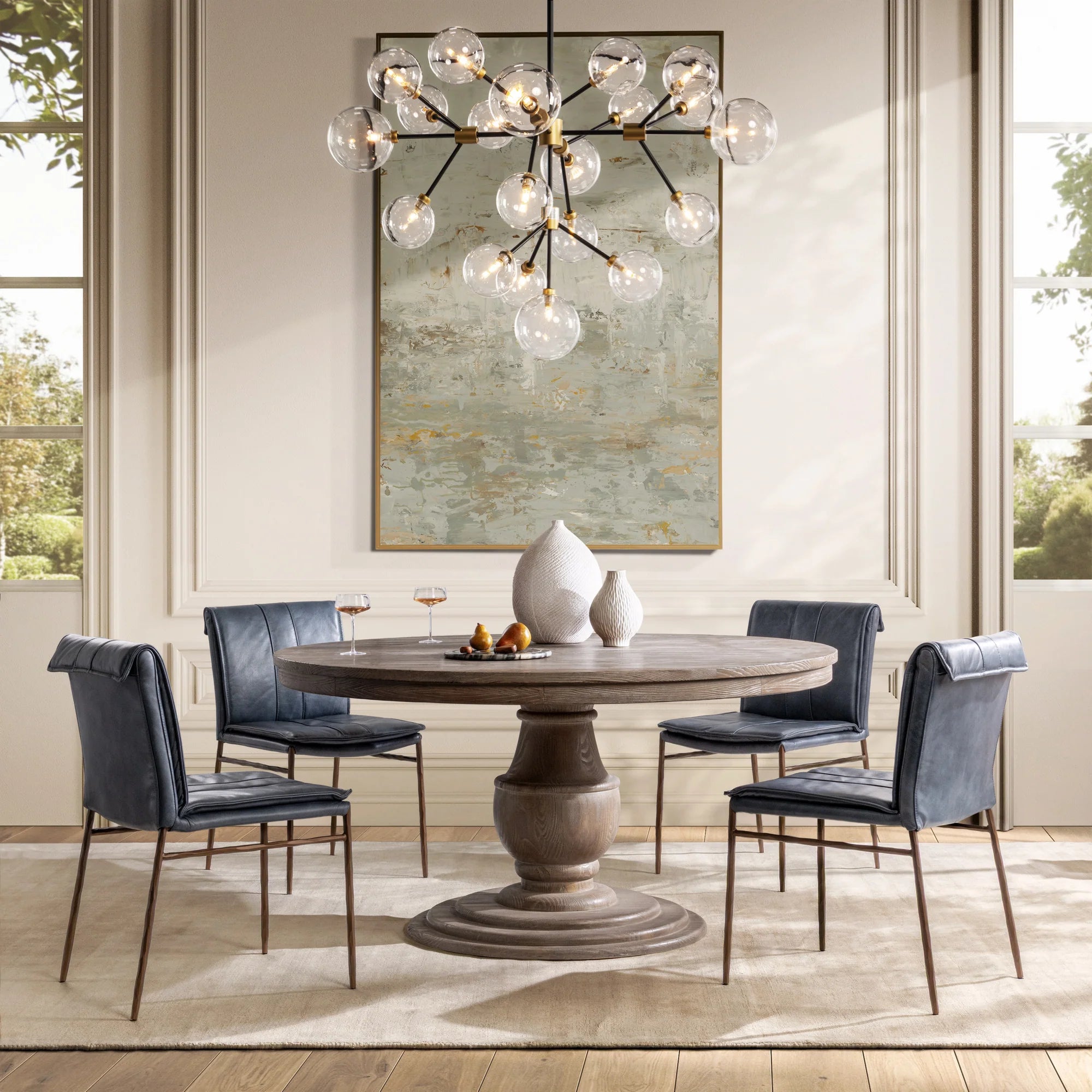Wesley Top Grain Leather + Hammered Iron Dining Chair - Ocean Blue