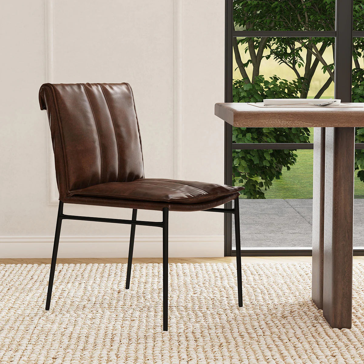 Wesley Top Grain Leather + Hammered Iron Dining Chair - Chocolate + Black