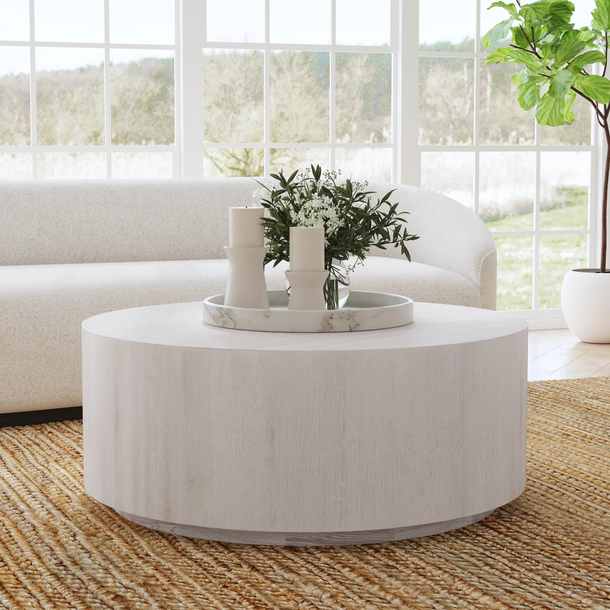 Dane 42" Round Oak Coffee Table Table - White