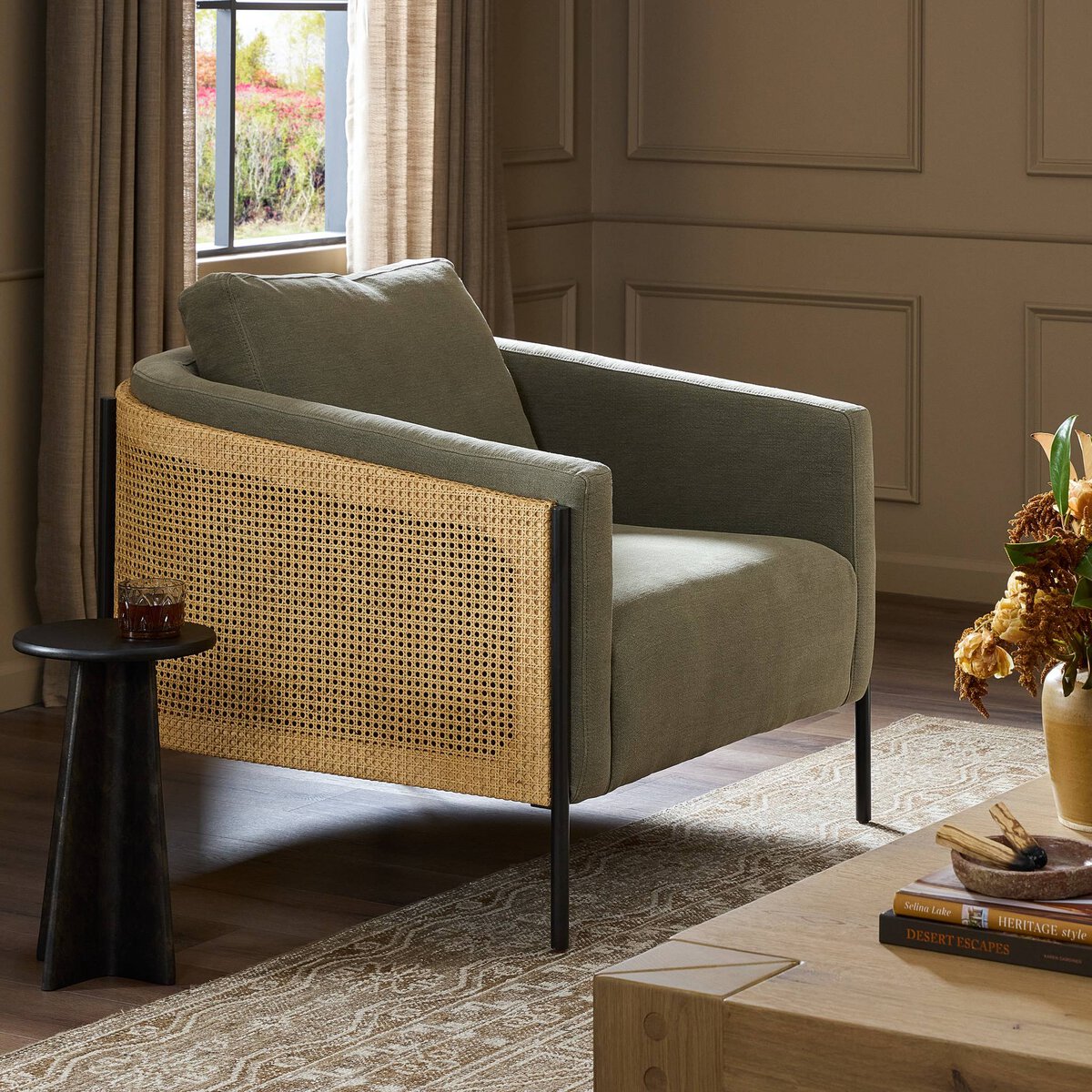 Cassandra 37" Cane Back Occasional Chair - Olive + Rattan