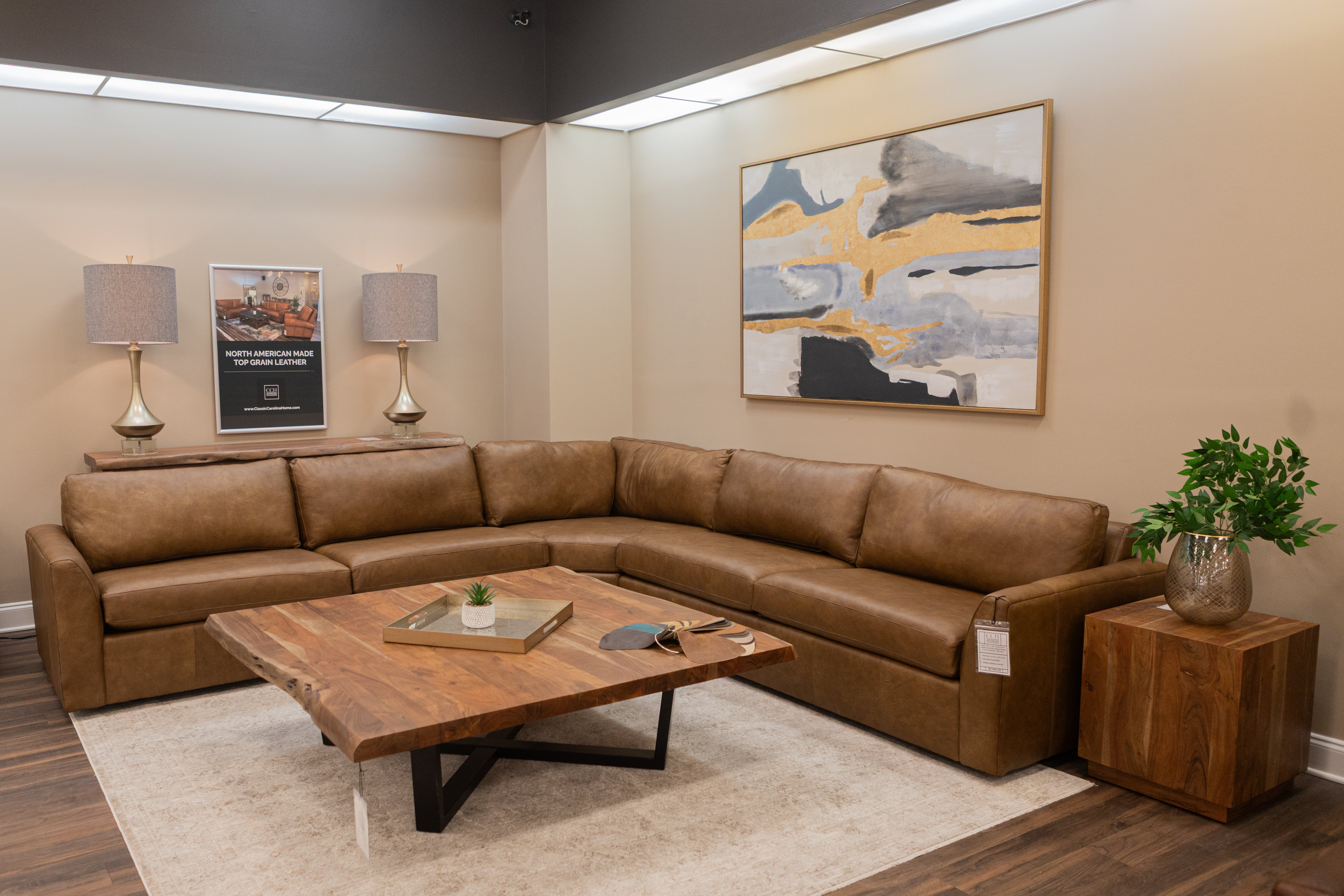 Wayne 139" x 139" Wedge Arm 5 Cushion Top Grain Leather Wedge Corner Sectional - Wild Buck