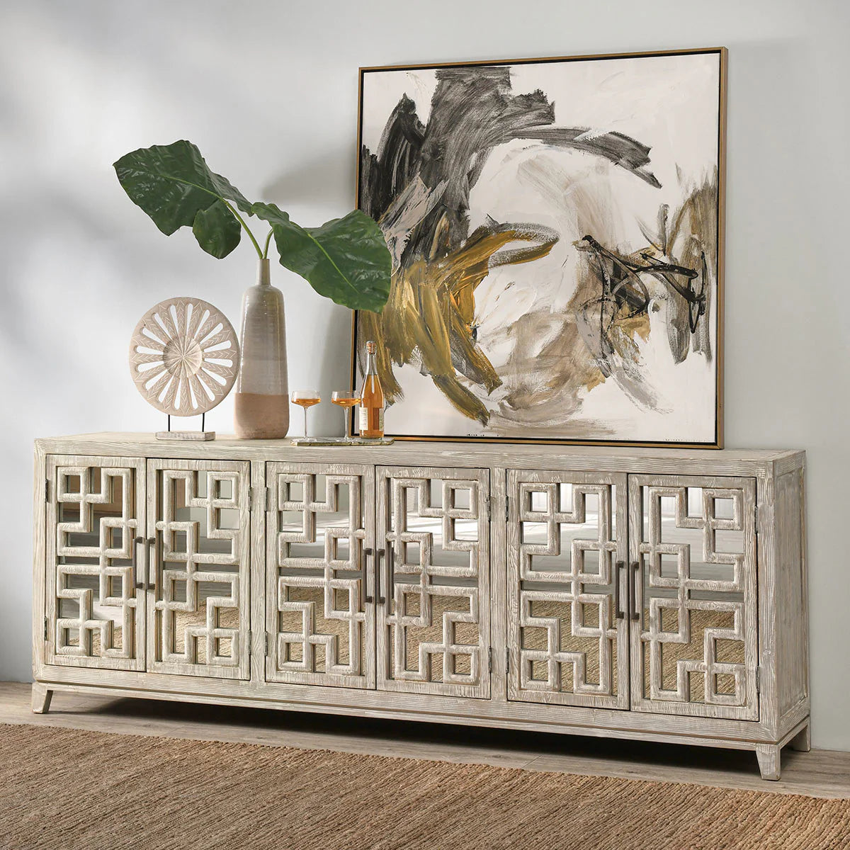 Arlo 98" Reclaimed Pine Mirrored Sideboard - White Distressed