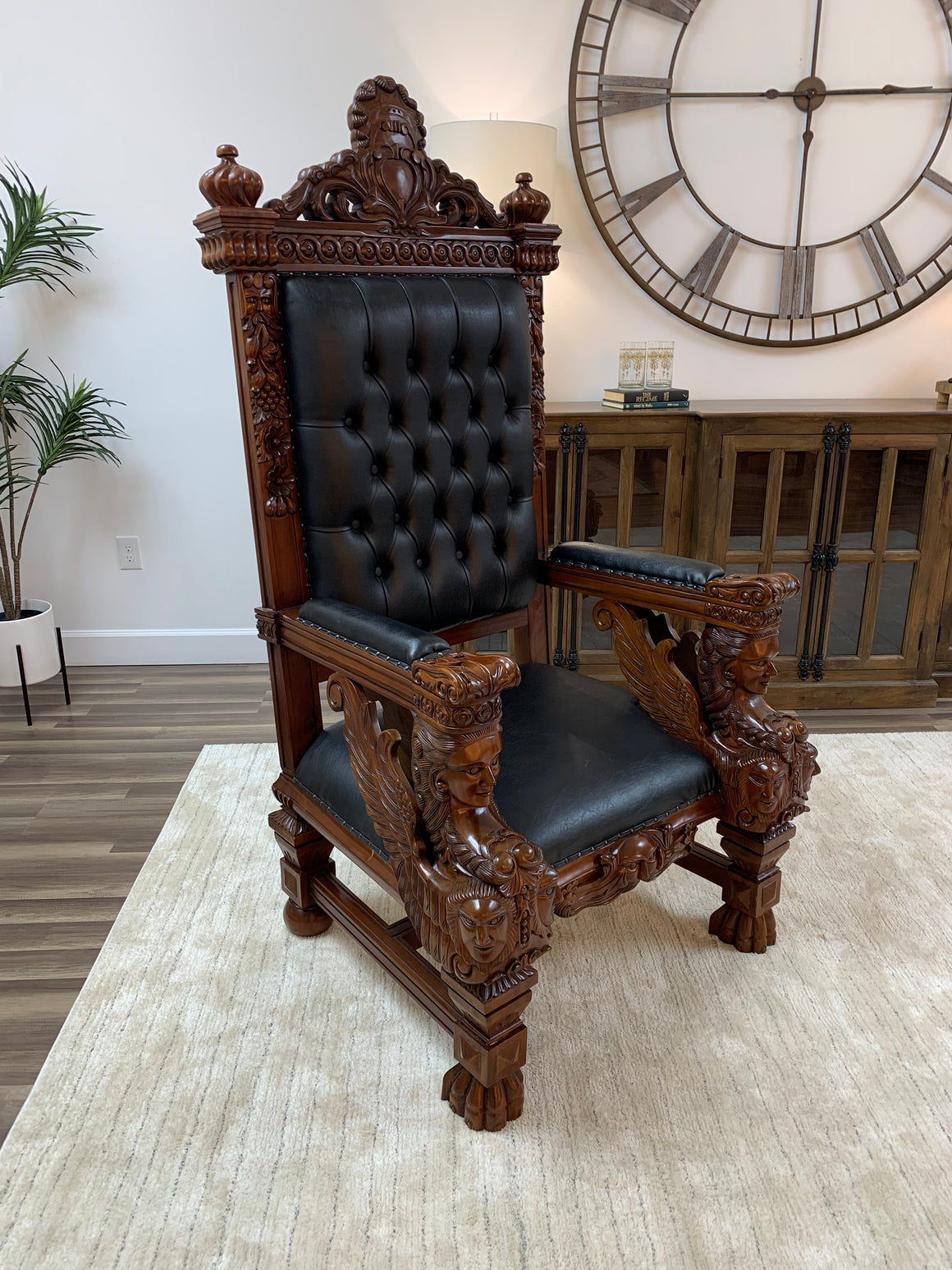 Maximus 39" Mahogany & Tufted Top Grain Leather Throne Chair