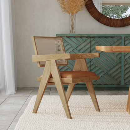 Mateo Cane + Leather Dining Chair - Ash + Tobacco